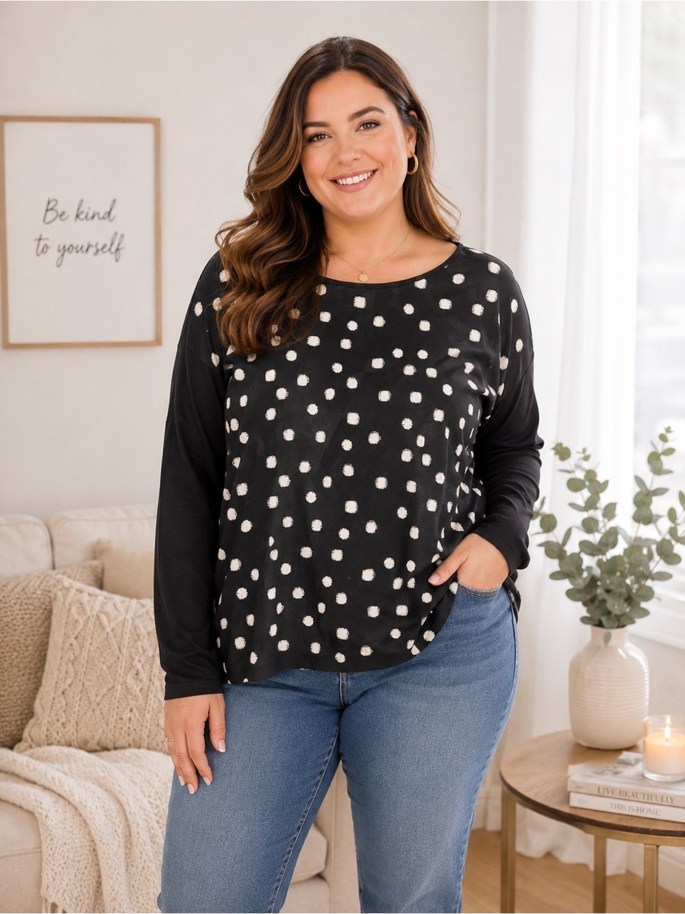 Esprit Black Polka Dot Long Sleeve Blouse Zip Back Top Women's Large
